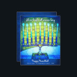 Budget Blue Hanukkah Menorah Shine Bright Kaart<br><div class="desc">"Het hele seizoen helder schitteren." Het witte kalligrafische manuscript en een artsy, dichte fotoillustratie van een heldere, kleurrijke, blauwe menorah helpen u in de vakantie van Hanukkah gebruiken. Voel de warmte en de vreugde van het vakantieseizoen als je dit prachtige, kleurrijke wenskaart van het Hanukkah-budget stuurt. De bijbehorende enveloppen, de...</div>