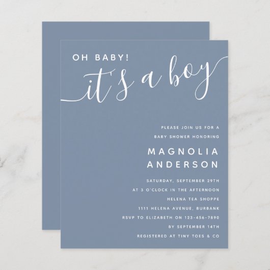 Budget Blue Het is een Baby shower-uitnodiging. (Voorkant / Achterkant)