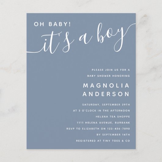 Budget Blue Het is een Baby shower-uitnodiging. (Voorkant)