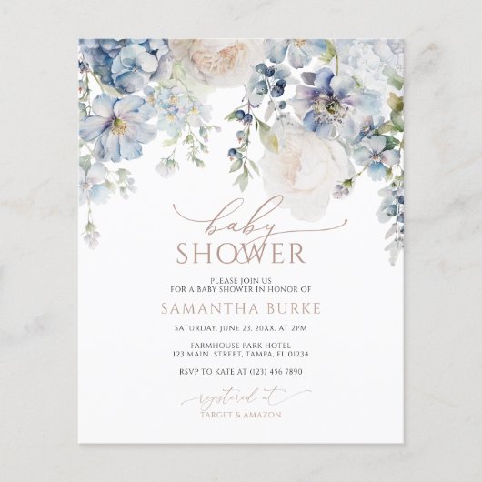 Budget Blue Hydrangea Blush Baby shower Invitation (Voorkant)