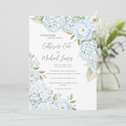 Budget Blue Hydrangea Elegant Floral Wedding Kaart (Staand voorkant)