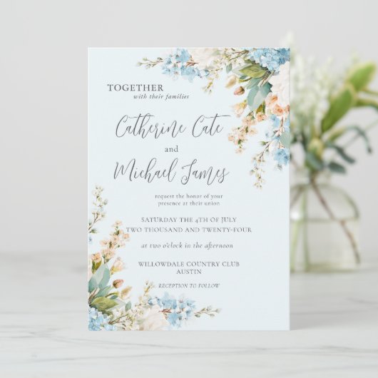 Budget Blue Hydrangea Floral Elegant Wedding Kaart (Staand voorkant)