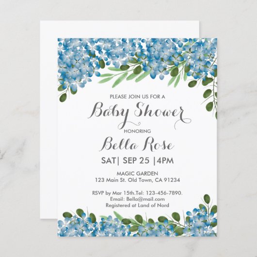 Budget Blue Hydrangeas Baby shower Uitnodiging (Voorkant / Achterkant)
