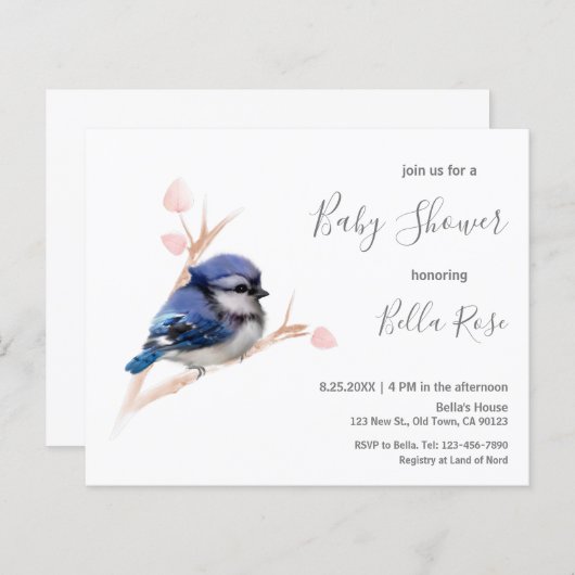 Budget Blue Jay Bird Baby shower Uitnodiging (Voorkant / Achterkant)