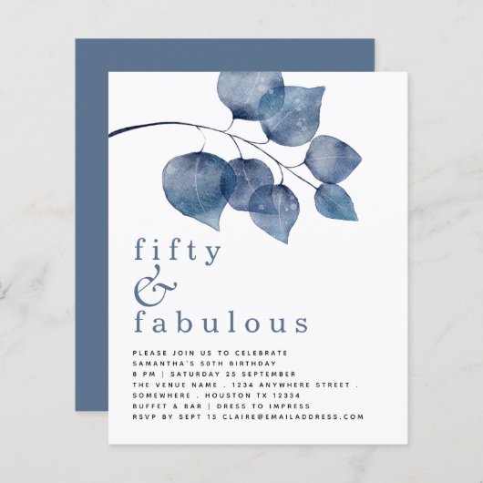 Budget Blue Leaves 50th Birthday Uitnodiging (Voorkant / Achterkant)