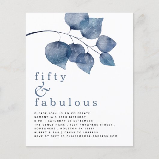 Budget Blue Leaves 50th Birthday Uitnodiging (Voorkant)