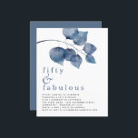 Budget Blue Leaves 50th Birthday Uitnodiging<br><div class="desc">Blue Leaves 50th Birthday Invitation. Een budgetvriendelijk KLEINER 4, 5 x 5, 6-inch alternatief. Verkrijgbaar in een SEMI GLOSS 110 lb KAART STOCK of een SATIN FINISH 80 lb THINER PAPER STOCK. Enveloppen zijn een optionele extra. Informele stijl. De moderne grote waterverf diepe blauwe bladeren versieren de bovenkant en de...</div>