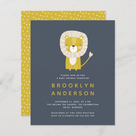 BUDGET Blue Lion Boy Baby shower Uitnodiging (Voorkant / Achterkant)
