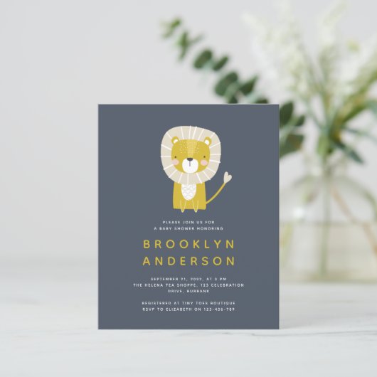 BUDGET Blue Lion Boy Baby shower Uitnodiging (Staand voorkant)