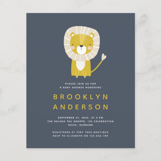 BUDGET Blue Lion Boy Baby shower Uitnodiging (Voorkant)