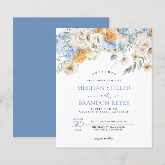 Budget - Blue Marigold Wild Flowers Wedding Invite (Voorkant / Achterkant)
