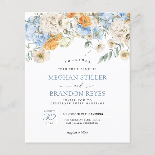 Budget - Blue Marigold Wild Flowers Wedding Invite (Voorkant)