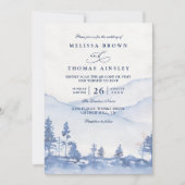 Budget Blue Mountain Watercolor QR Code Wedding Kaart (Voorkant)