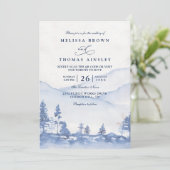 Budget Blue Mountain Watercolor QR Code Wedding Kaart (Staand voorkant)