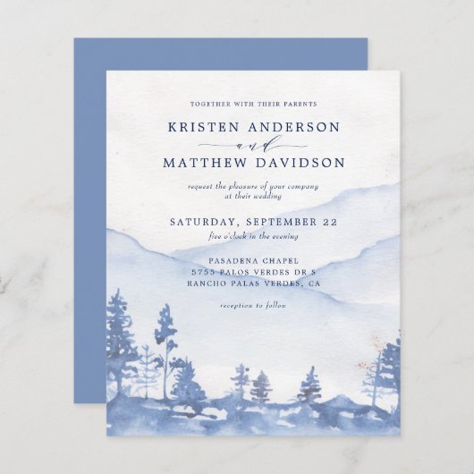 Budget Blue Mountain Waterverf bruiloft uitnodigin (Voorkant / Achterkant)