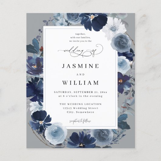 Budget Blue & Navy Floral op Grijze bruiloft (Voorkant)