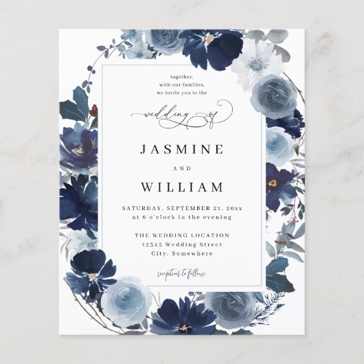 Budget Blue & Navy Floral Wedding Flyer (Voorkant)