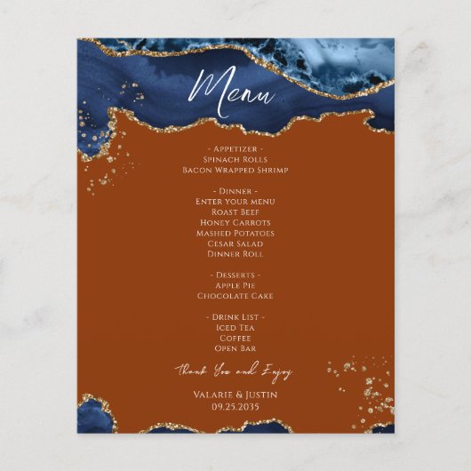 Budget Blue Oranje Agate Wedding Menu Flyer (Voorkant)