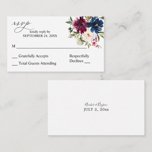 Budget Blue Paars & White Floral 2SM No Meal RSVP Informatiekaartje (Voorkant / Achterkant)