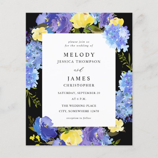 Budget Blue Paars & Yellow Floral Wedding - Black Flyer (Voorkant)