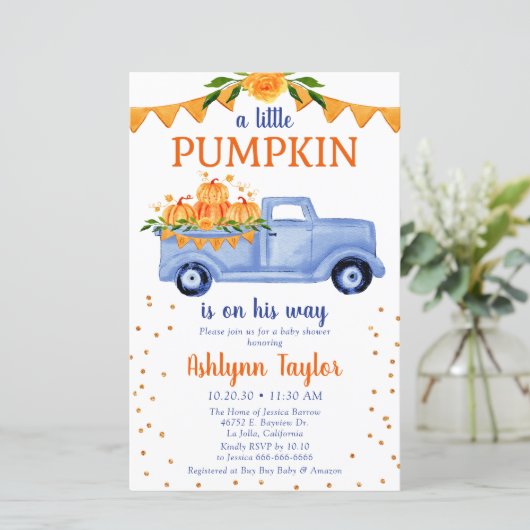 Budget Blue Pumpkin Baby shower Invitation (Staand voorkant)