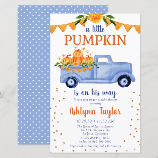 Budget Blue Pumpkin Baby shower Invitation (Voorkant / Achterkant)