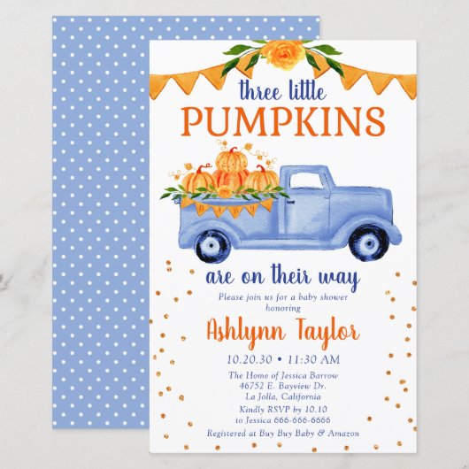 Budget Blue Pumpkin Truck Triplets Baby shower (Voorkant / Achterkant)