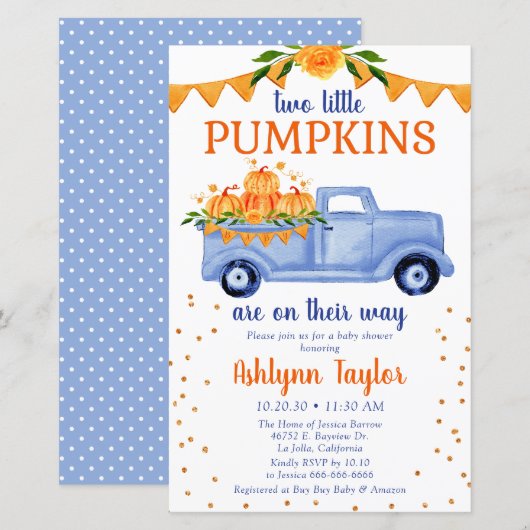 Budget Blue Pumpkin Truck Twin Baby shower Invite (Voorkant / Achterkant)