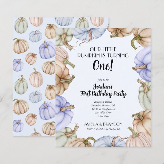 Budget Blue Pumpkins Boy Birthday Uitnodigingen (Voorkant / Achterkant)