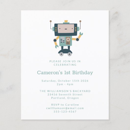 Budget Blue Robot Simple 1st Birthday Uitnodiging (Voorkant)
