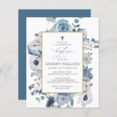 Budget Blue Roos Flowers Baptism Invitation (Voorkant / Achterkant)
