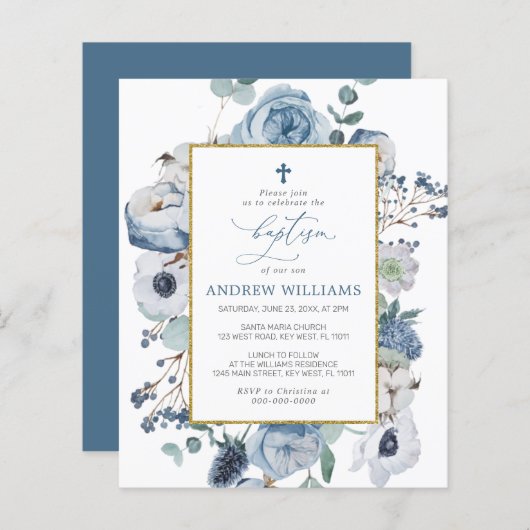 Budget Blue Roos Flowers Baptism Invitation (Voorkant / Achterkant)