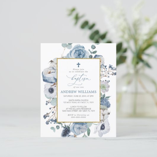 Budget Blue Roos Flowers Baptism Invitation (Staand voorkant)