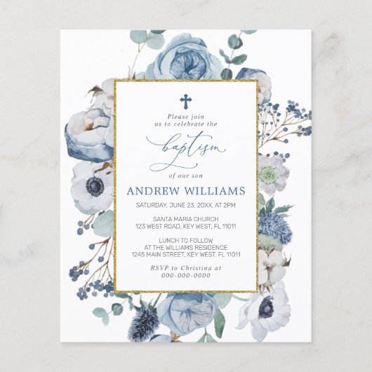 Budget Blue Roos Flowers Baptism Invitation (Voorkant)