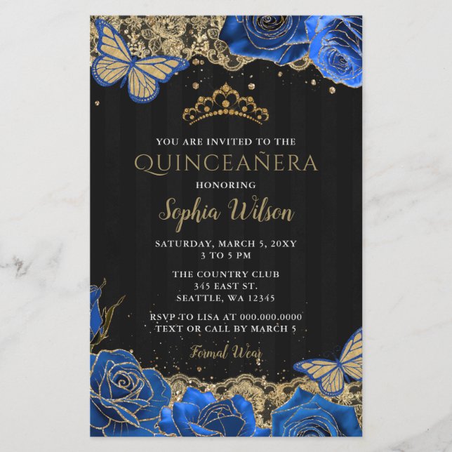 Budget Blue Rozen Black Gold Quinceañera Uitnodigi (Voorkant)