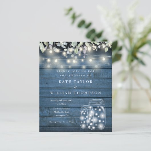Budget Blue Rustic Licht Mason Jar Wedding Invite (Staand voorkant)