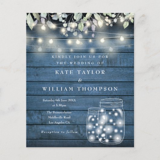 Budget Blue Rustic Licht Mason Jar Wedding Invite (Voorkant)