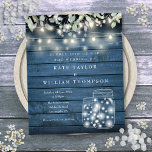Budget Blue Rustic Licht Mason Jar Wedding Invite<br><div class="desc">Een stijlvolle uitnodiging voor een budgetbruiloft met  snaarlampen,  moeraspotten en sage en lila bladeren die over een blauwe,  rustische houten achtergrond trekken. Ontworpen door: Thisnotme©</div>