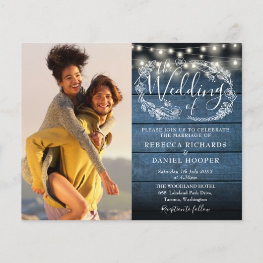 Budget Blue Rustic Wood 2 Foto Wedding Invite (Voorkant)