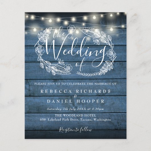 Budget Blue Rustic Wood String Light Wedding (Voorkant)