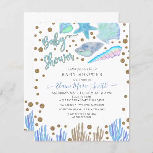 Budget Blue Seashells Beach Baby shower-uitnodigin (Voorkant / Achterkant)