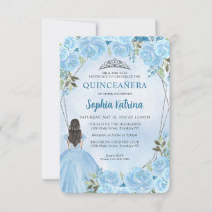 Budget Blue Silver Floral Princess Quinceañera Notitiekaartje