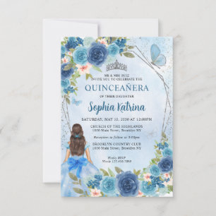 Budget Blue Silver Floral Princess Quinceañera Notitiekaartje