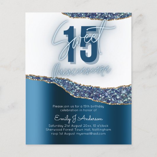 BUDGET Blue Silver Foil Glitter Quinceanera 15th Flyer (Voorkant)