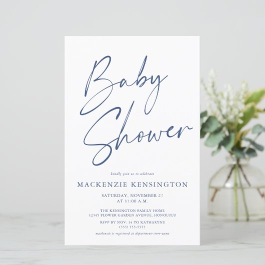 Budget Blue Simple Script Baby Boy Shower (Staand voorkant)