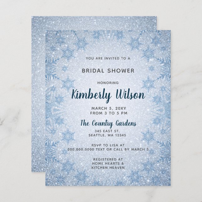 Budget Blue Snowflakes Bridal Shower Uitnodiging (Voorkant / Achterkant)
