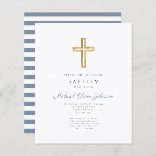 Budget Blue Stripes Cross Religious Boy Baptisme (Voorkant / Achterkant)