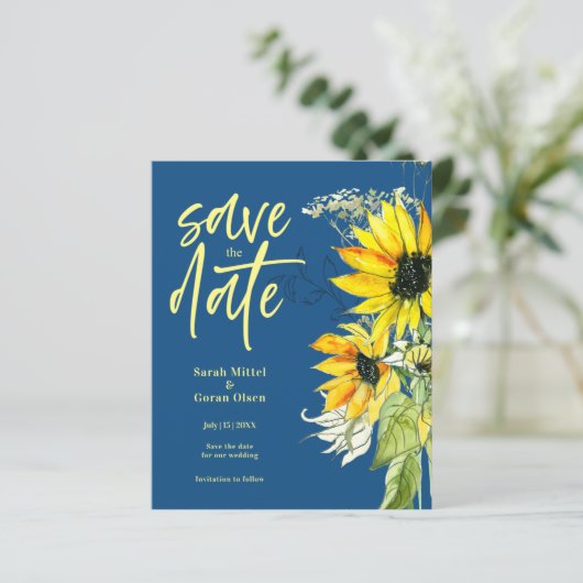 Budget Blue Sunflower Bewaar datum uitnodiging (Staand voorkant)