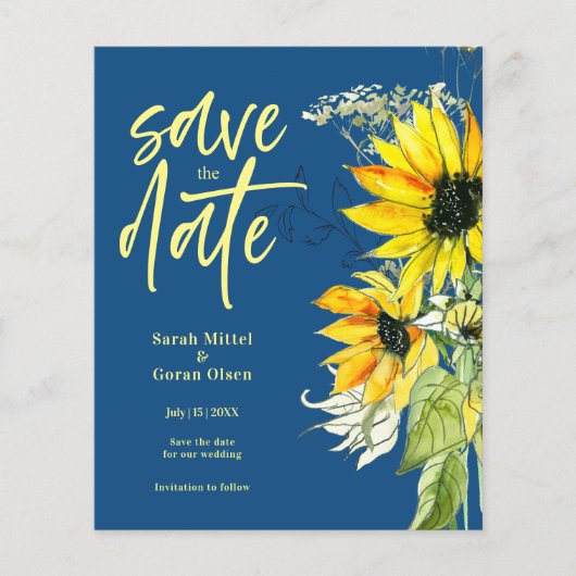 Budget Blue Sunflower Bewaar datum uitnodiging (Voorkant)