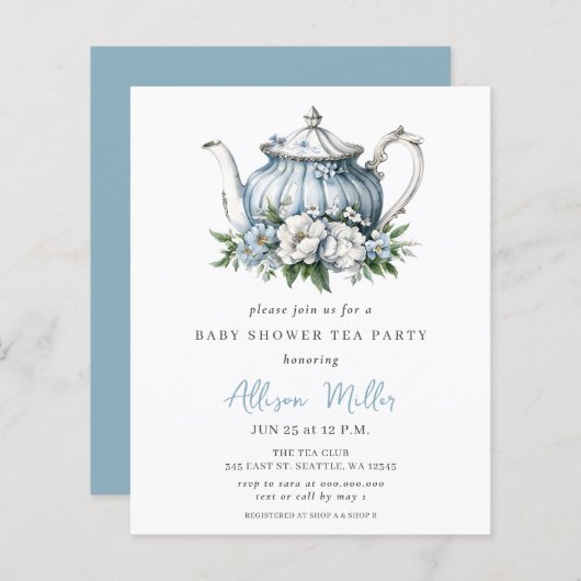 Budget Blue Tea Party Boy Baby shower Uitnodigen (Voorkant / Achterkant)